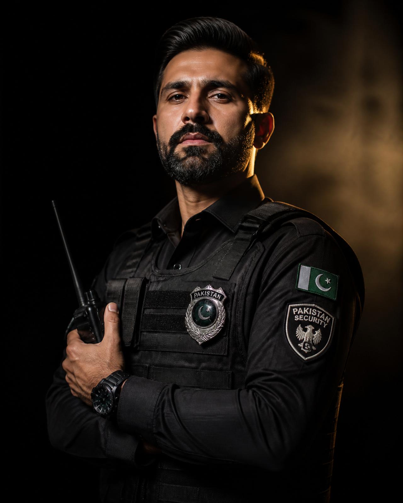 Professional Haider Protection security guard in tactical uniform holding walkie-talkie
